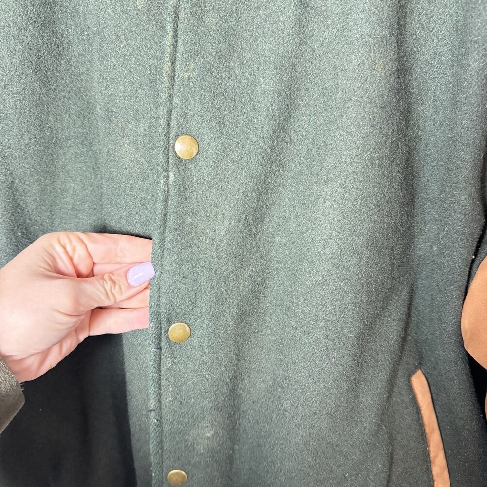 Vintage Cabela's Green Wool and Brown Leather Bomber Jacket Quilted Lining XL - Picture 3 of 16